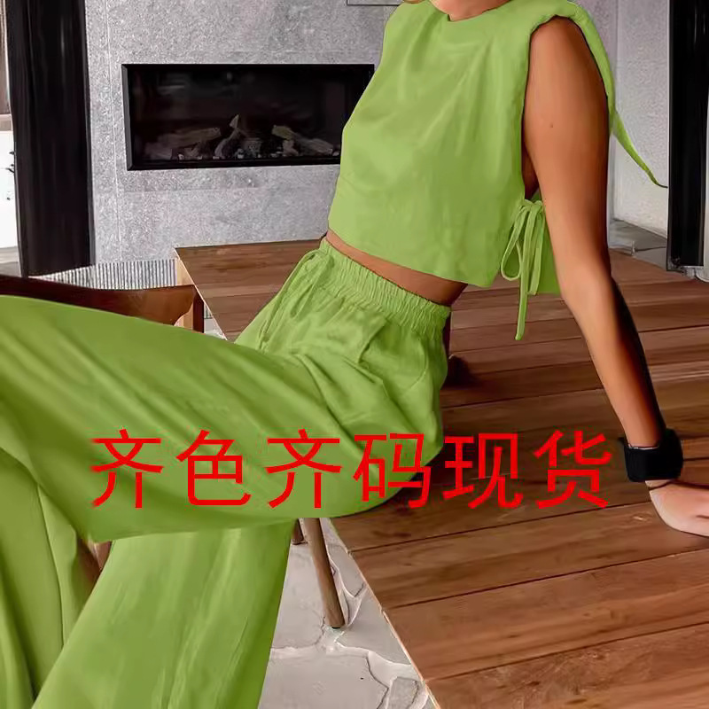 European and American Women's 2025 Fashion Cotton and Linen suit Pad Shoulder Sleeveless Top Cotton and Linen Pocket Wide Leg Pants Two-piece Set