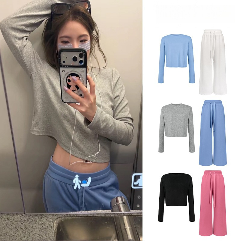 Autumn Korean-style short, elegant, round-neck long-sleeved shirt + basic athletic casual pants/sweatpants 6730 + 6731 Autumn Korean-style short, elegant, round-neck long-sleeved shirt + basic athletic casual pants/sweatpants 6730 + 6731