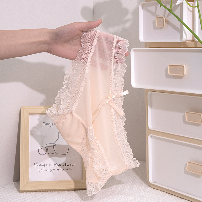 Ropa interior de encaje de las mujeres cintura baja pura sexy antibacteriano entrepierna calzoncillos verano delgada transparente shorts cabeza chica ropa interior