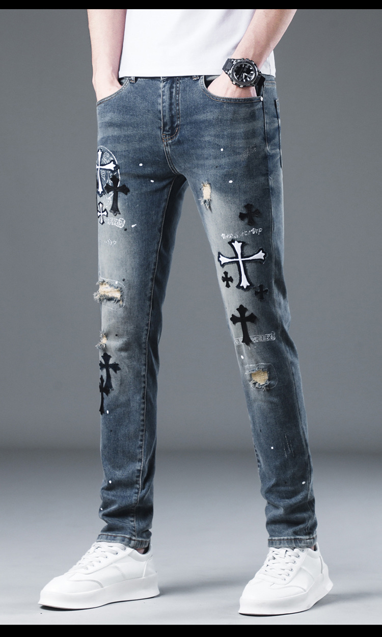 Men's Embroidered Jeans Slim Fit Torn Patches Versatile Trousers_voghion.com