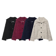 PB&ZA秋季镂空翻领针织衫开衫温柔减龄慵懒风百搭毛衣外套6771133