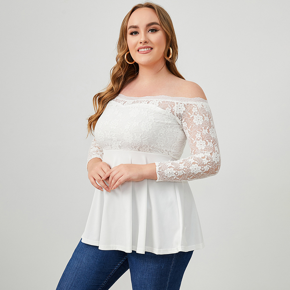 Plus Size One-Word Neck Long Sleeve Solid Color Flower Lace Top NSWCJ112806