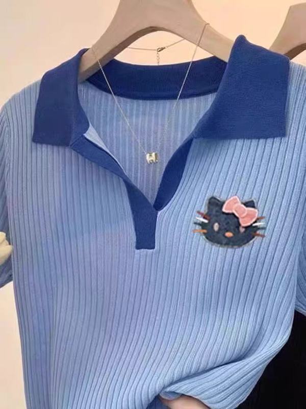 哥家商场同款女装2025夏季韩系蓝色POLO领猫咪刺绣冰丝短袖T恤女|undefined