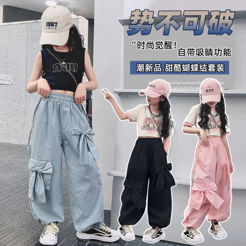 Girls 2024 American sports style round neck cartoon T-shirt sweet and cool style pink bow wide leg overalls suit