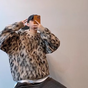 American Style Trendy Brand Korean Style Leopard Print Knitted Sweater Sweater for Boys All-match High-end Round Neck Warm Pullover Handsome Jacket