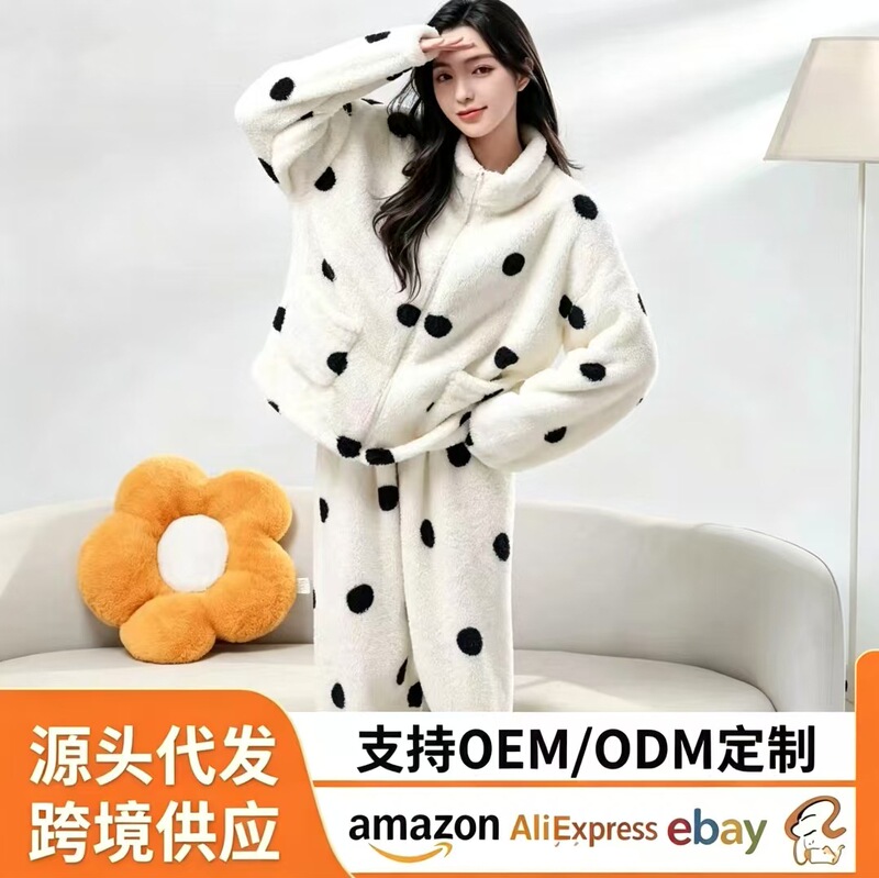 New autumn and winter fleece-lined thickened coral fleece polka dot pajamas for women, home wear set, Korean style loose casual pajamas New autumn and winter fleece-lined thickened coral fleece polka dot pajamas for women, home wear set, Korean style loose casual pajamas