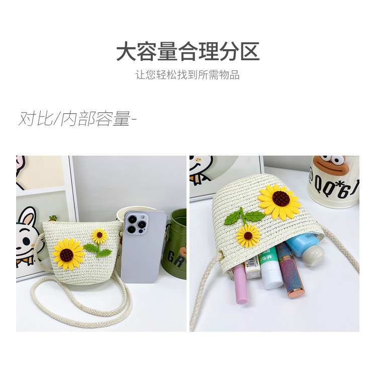 Japanese-style cute cartoon flower small bags, children's straw woven bags, mini crossbody bags, beach play zipper bags, single-shoulder bags undefined