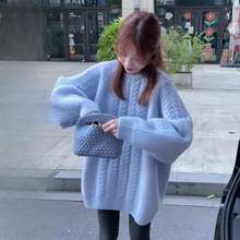 秋冬新款学院风针织衫长袖圆领麻花毛衣外套女学生中长款加厚上衣