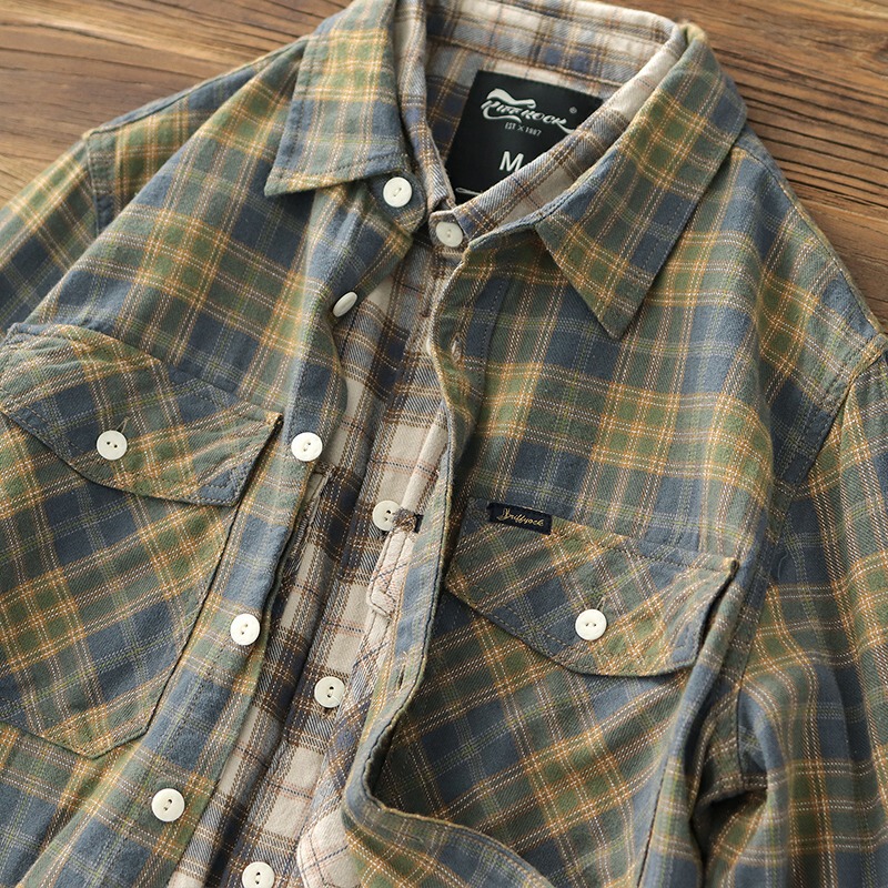 Japanese Retro Pastoral Plaid Shirt Men's Autumn Thin Artistic Casual Cotton Brushed Flannel Long-Sleeve Shirt