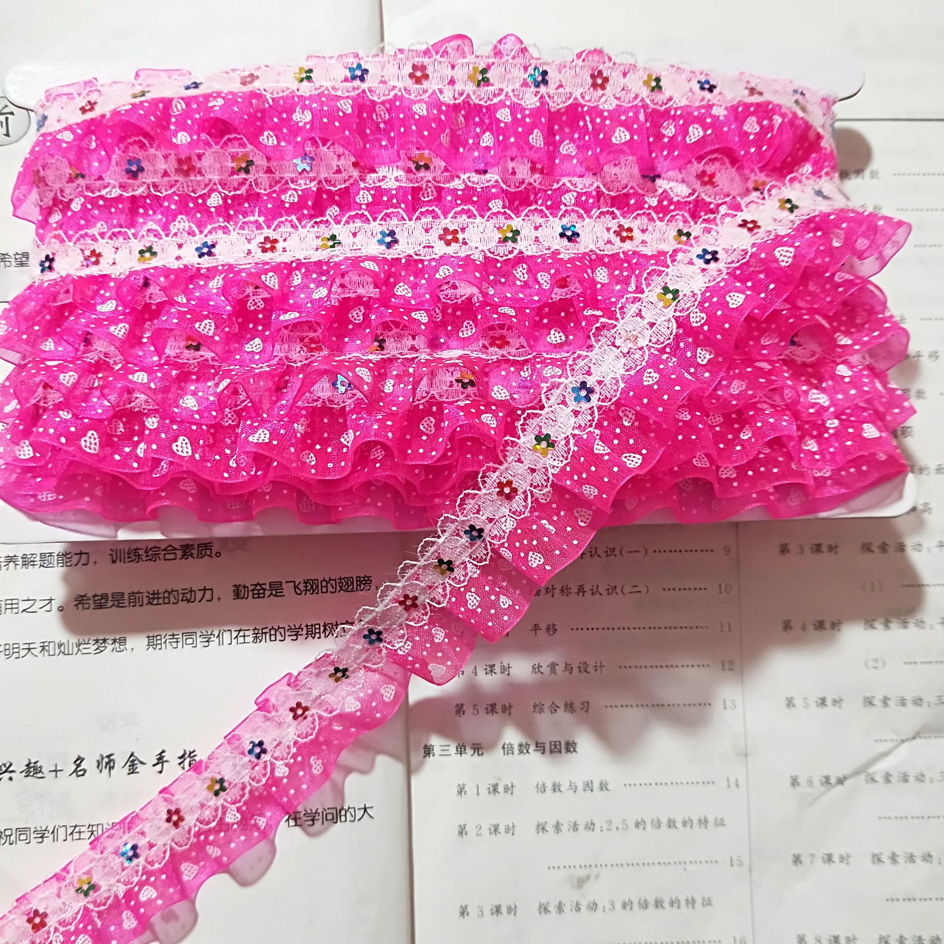 2.5公分印桃心蕾丝七彩美花片打皱花边贵州苗族服饰民族帽子鞋子