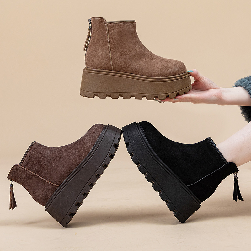 Botas de neve casuais curtas Martin 2024, com solado grosso antiderrapante para aumento de altura, em camurça, para mulheres, ideal para outono e inverno._voghion.com