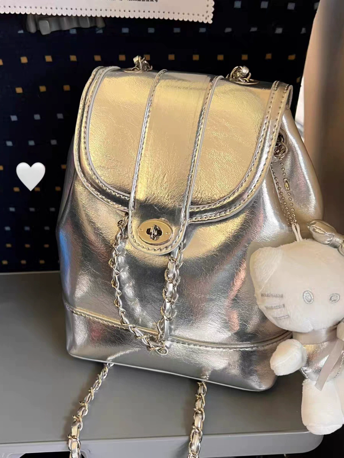 Серебряный рюкзак, дорожная сумка через плечо, стиль Chanel, Южная Корея