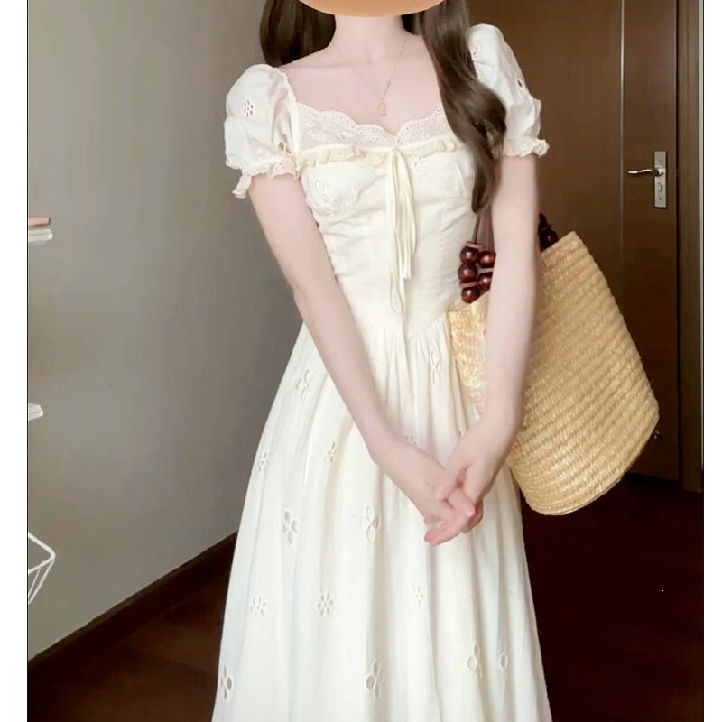 Pure Cotton French-Style Dress for Women, New Summer Model, Elegant and Stylish, Puff Sleeves, Waist-Cinching, Slimming Long Dress