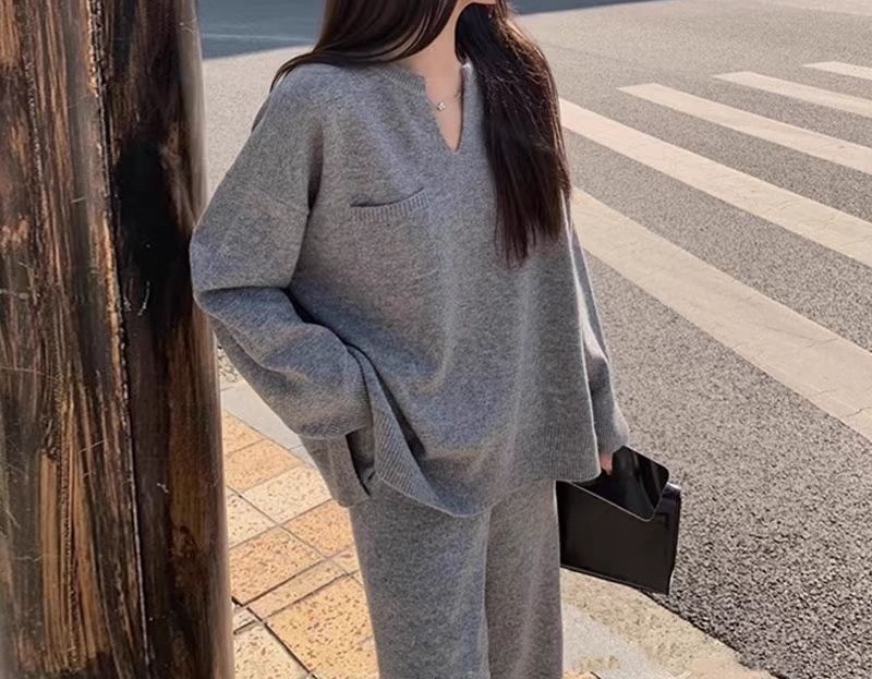 欧美跨境慵懒系穿搭针织套装秋冬新款高级感时尚毛衣阔腿裤两件套|undefined