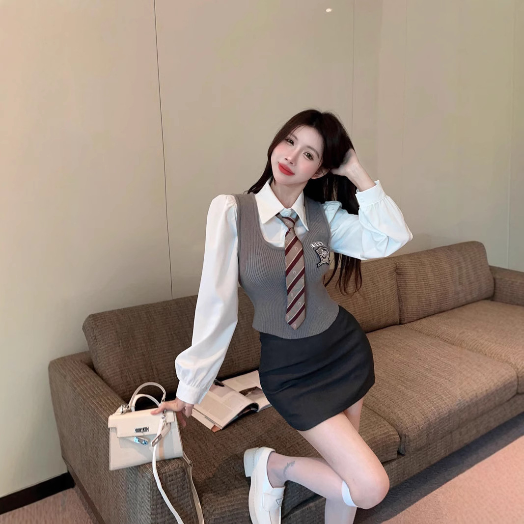 작은 패션 서양식 달콤한 핫 칼리지 스타일 세트 한국 스타일 착용 JK 유니폼 조끼 3 피스 세트 가을과 겨울