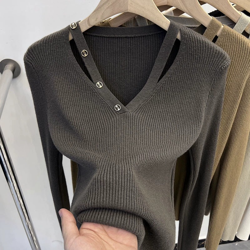 Женский цельный свитер для дропшиппинга, осенне-зимний, базовая рубашка-боди, новинка 2025 года, стильный трикотажный топ с V-образным вырезом и длинными рукавами.