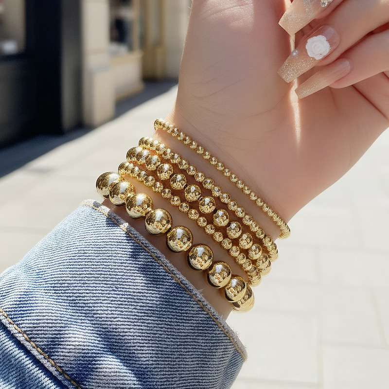 European and American Cross-Border Best-Selling Copper-Plated 18K Gold Bead Elastic Bracelet, Color-Preserving High-End Personalized Hip-Hop Fashion Beaded Bracelet