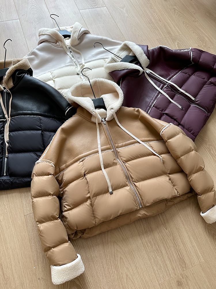 Giacca corta europea in piumino per donna stile corto cuciture colore a contrasto pelle PU leggera lusso alta qualità maglione largo 2024 nuovo inverno_voghion.com