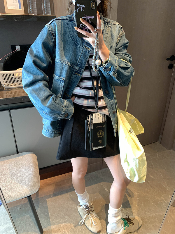 摩且 手工毛边领 高级感水洗蓝廓形宽松显瘦夹克牛仔外套 MQ0794|undefined
