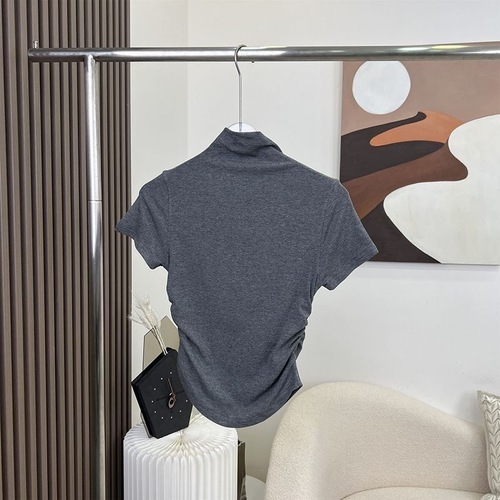 Lady's Folded Waist High-Neck Short-Sleeve T-Shirt with Summer Design, Unique and Slimming for Petite Women, Plain Color Top