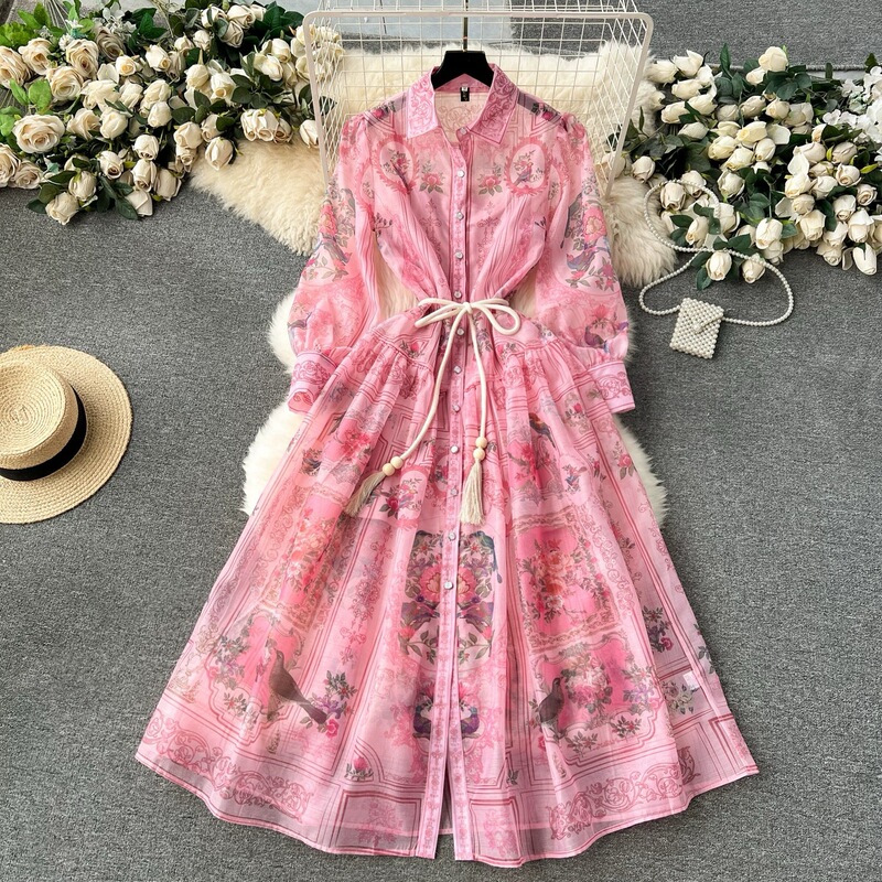 Cross-border European Court Style Dress Spring Dress Design Retro Printing Slim-fit Long High-end Temperament Dress