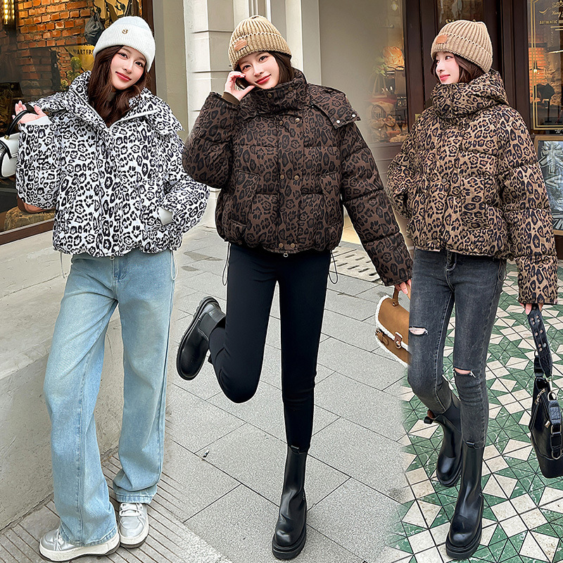 Down Cotton Jacket Women's Short 2025 New Design Winter Thickeneded Cotton Jacket Leopard Print Hooded Loose Cotton Jacket