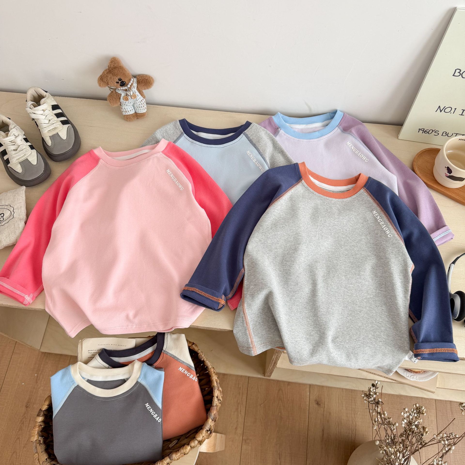 Korean-Style Children's Color-Blocked Raglan Long-Sleeve T-Shirt, Spring and Autumn Style, Breathable Base Shirt for Boys and Girls, Versatile
