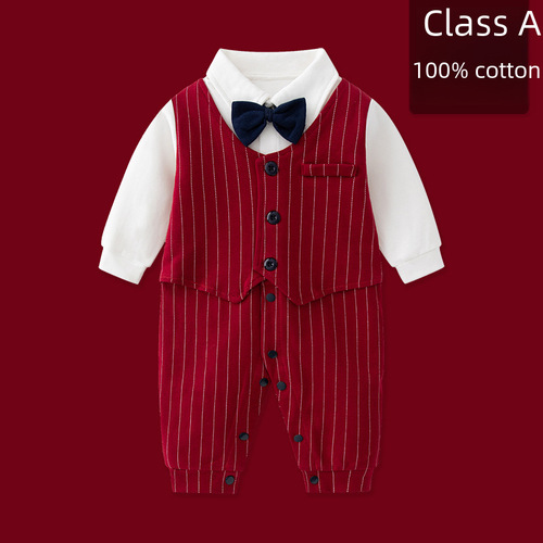 Baby's 100th Day Birthday Party Dress - British Style Suit for Boys - Cute Infants' Gown - Spring and Autumn Season - Romper Suit with Formal Touch