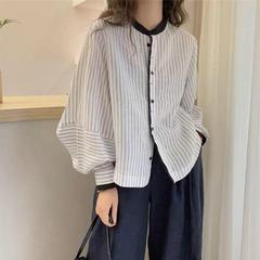 灯笼袖竖条纹休闲衬衫女2025新款女装设计感上衣潮