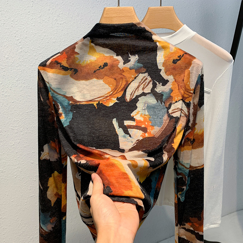 Camisa de fondo de cuello alto de las mujeres 2023 nuevas mujeres vintage impreso estilo occidental pequeña camisa elegante Cintura interior apretada superior