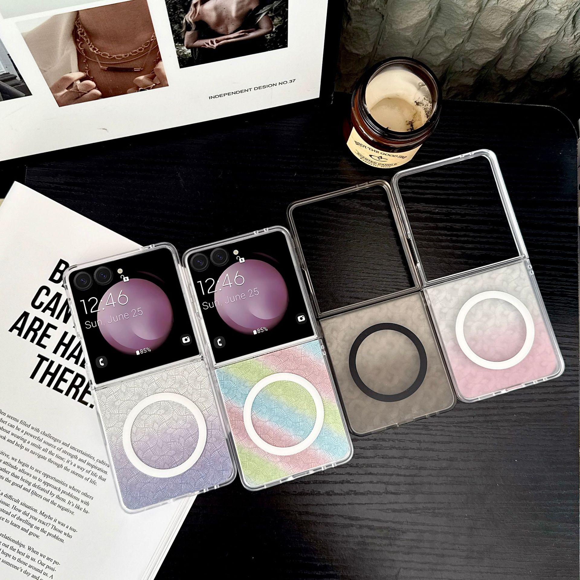 适用三星GalaxyZflip7折叠屏透色肤感磁吸圈带闪粉卡纸个性手机壳