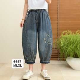 2026夏新品 复古贴布牛仔哈伦裤女 松紧腰宽松显瘦大码七分裤6657