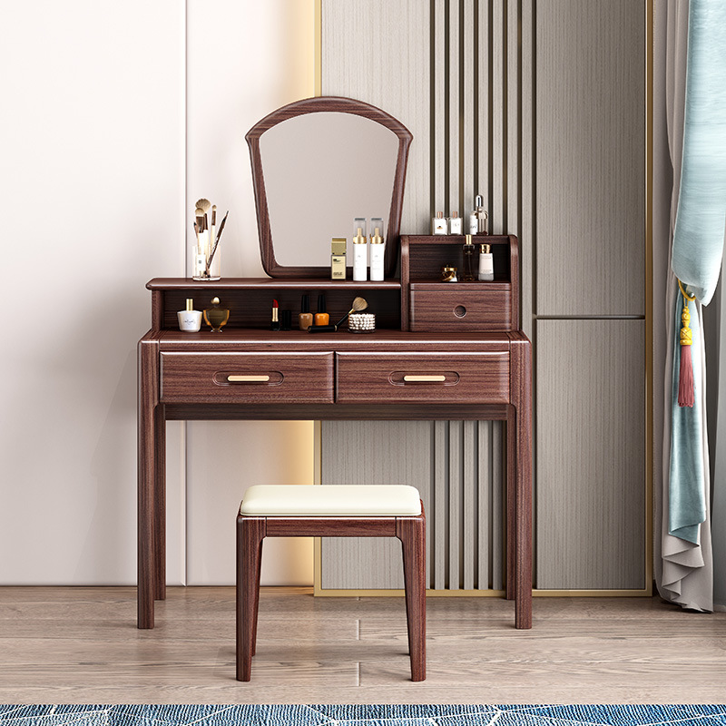 Chinese Walnut Dresser Combination Modern Master Bedroom Multi-functional Vanity Desk with Makeup Mirror, Drawers, and Storage