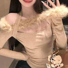 纯欲风狐狸毛拼接挂脖长袖恤女春秋季别致修身露肩内搭上衣图片色