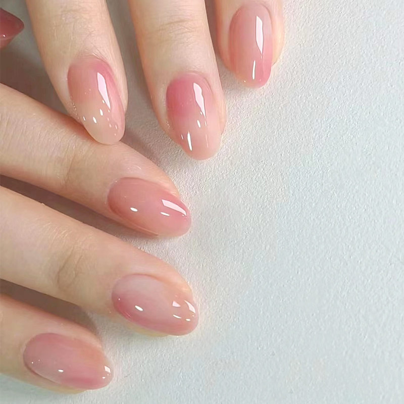 Short Oval Naked Pink Gradient Simi Nail Art Sweet Beauty White Dressing Armor Removable Finished Fake Nail