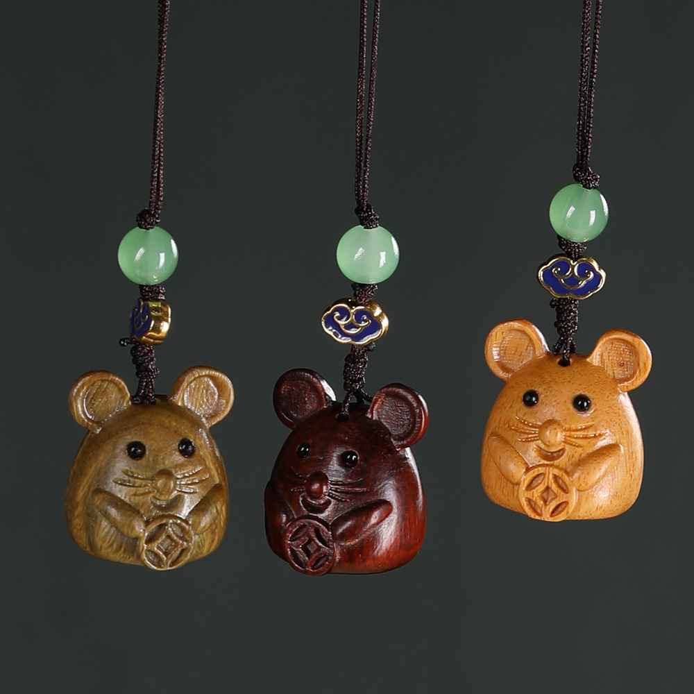 Rat You Have Money Rosewood Wood Carving Lucky Rat Tongbao Pendant Handle Mobile Phone Chain Keychain Diy Accessories Jewelry