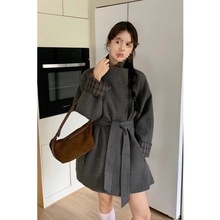韩系撞色格子拼接毛呢风衣外套女春秋新款宽松显瘦外穿呢子大衣女