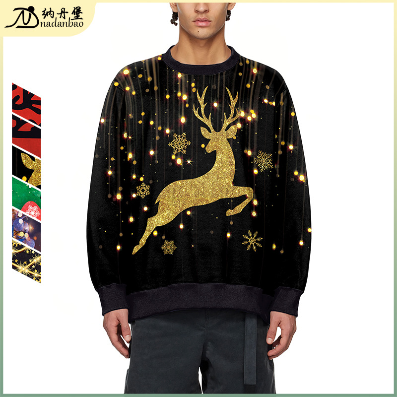 秋季跨境新品圣诞节服饰圣诞麋鹿数码印花圆领卫衣时尚休闲情侣装