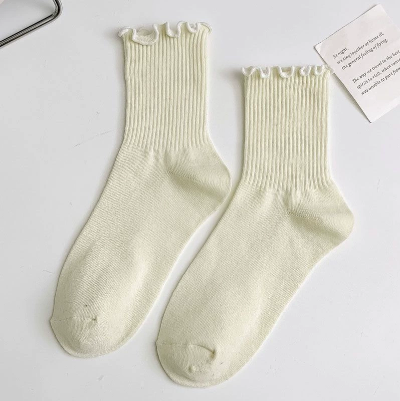 Middle‑Tube JK Socks, cotton ruffle cuff, spring–summer–autumn, sizes 35–42 (black/white/beige)