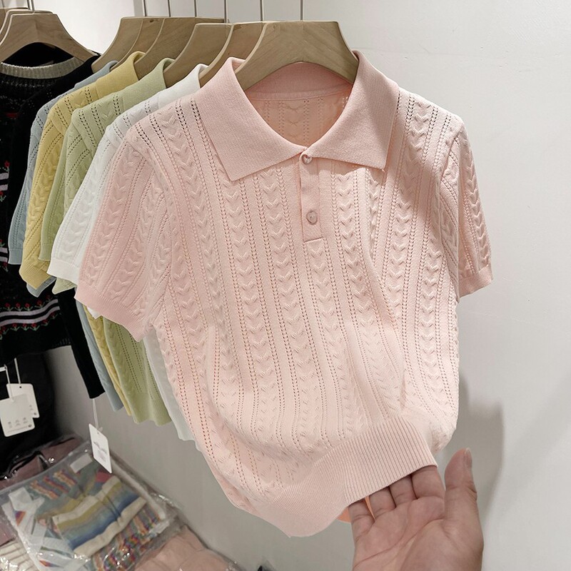 2024 New Summer Style Soft Waxy Polo Collar Ice Silk Knitwear Women's Short-Sleeved Design Niche Short Thin Top