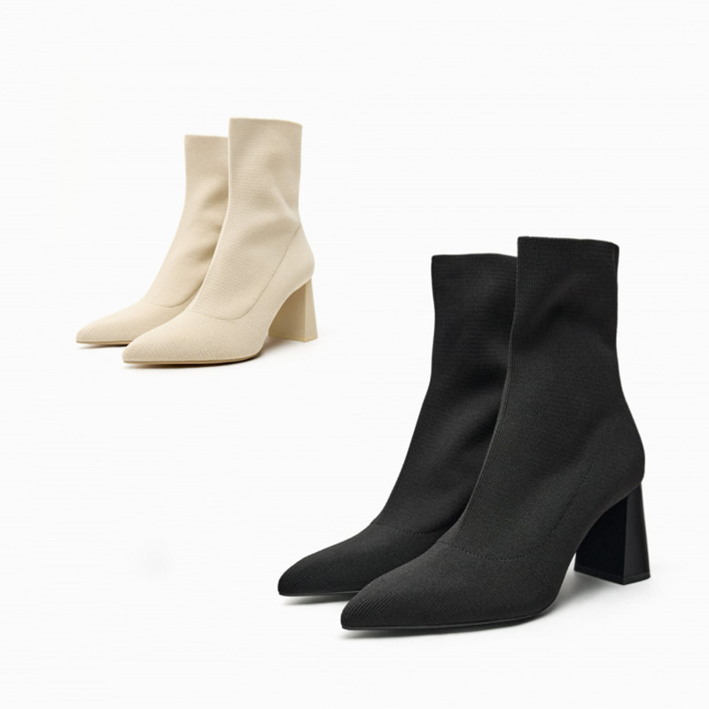 Za2024 Autum New Pointed Toe High-Heeled Short Boots European and American Thick Heel Short Elastic Slim Boots Fashion Boots for Women