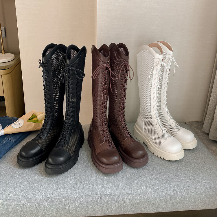 Boot lưới da thật cổ cao đế dày thoáng khí mùa xuân hè phong cách kỵ sĩ buộc dây — Màu nâu ống lớn, Màu đen cổ ống lớn, Ống nhỏ màu đen, Ống nhỏ màu be chi tiết 98