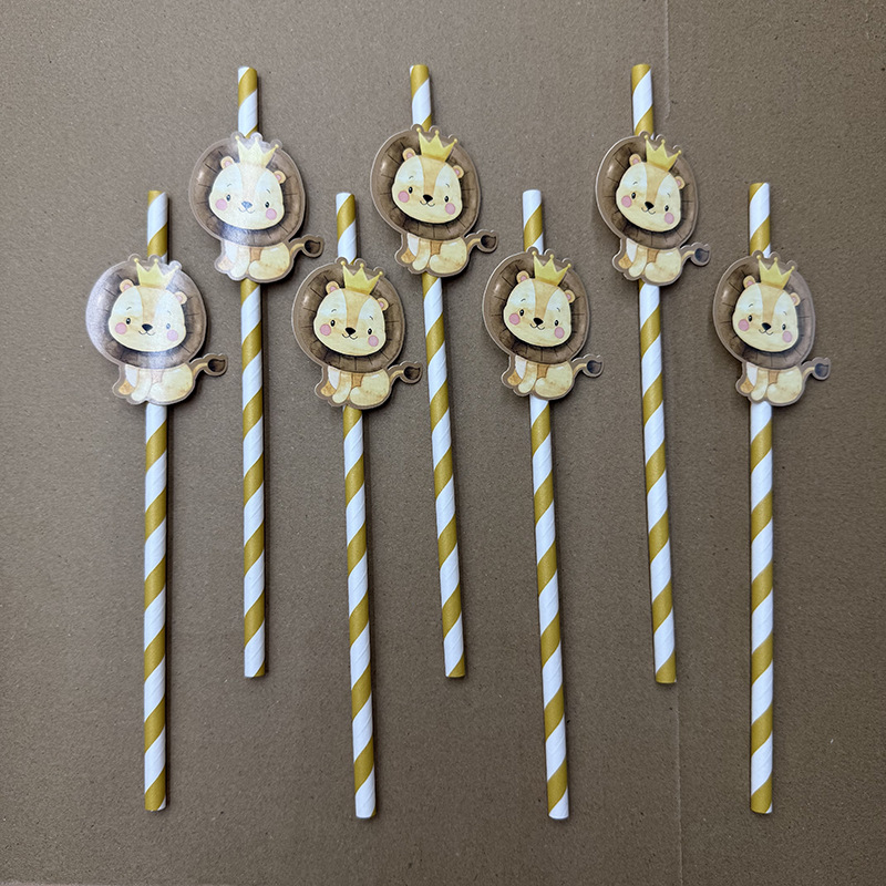 Jung Sen Animal temático tarjeta de león paja desechable postre fiesta decoración papel paja