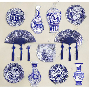 Blue and White Porcelain Folding Fan Chinese Style Handmade Hanging Decoration Air Hanging Decoration Kindergarten Classroom Corridor Environment Layout