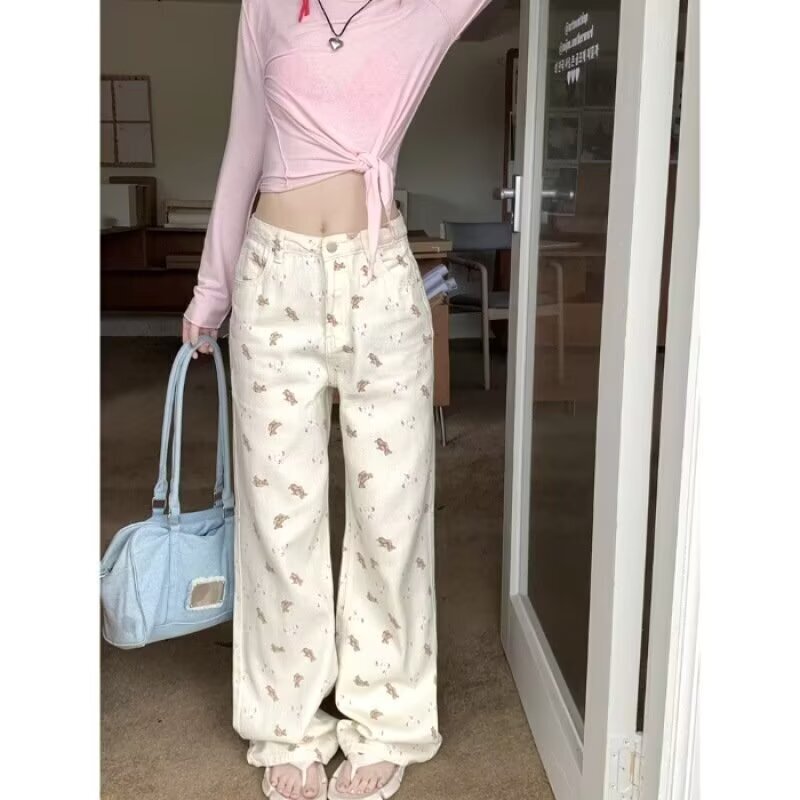 2025 Korean-style Printed Straight-leg Jeans Women's Design Sense Cute Trousers High Waist Slimming Loose Wide Leg Floral Pants