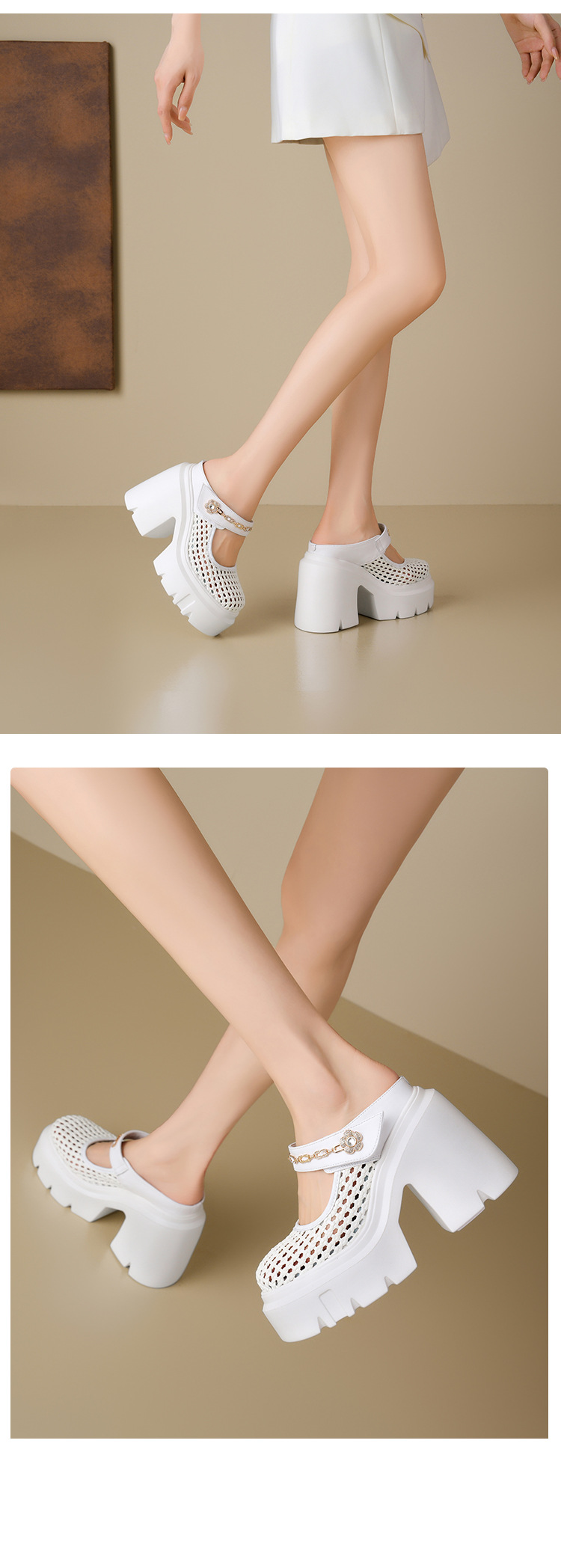 Sandal bít mũi đế dày 12cm tăng chiều cao, dệt lưới rỗng, dép lê cao gót Muller — Màu đen, Màu vàng nhạt, Màu trắng chi tiết 14