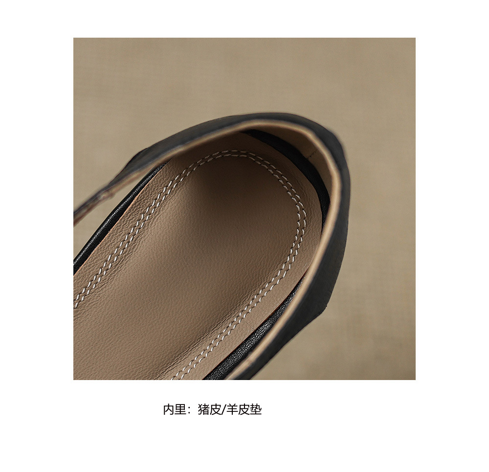 Sandal nữ da cừu mũi kín đế bệt phối lưới thoáng khí — đen chi tiết 19
