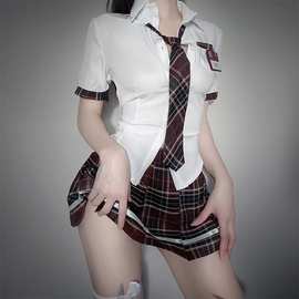 馋奶猫情趣内衣性感学生装制服诱惑jk短裙格子激情服套装角色扮演