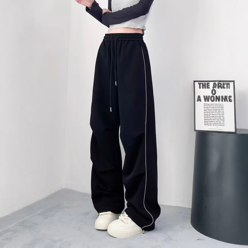 Korean Style Wide-Leg Pants for Women Spring and Autumn 2025 High-Waisted Design with Side Stripes and Cuffed Straight-Leg Sports Casual Long Pants Korean Style Wide-Leg Pants for Women Spring and Autumn 2025 High-Waisted Design with Side Stripes and Cuffed Straight-Leg Sports Casual Long Pants