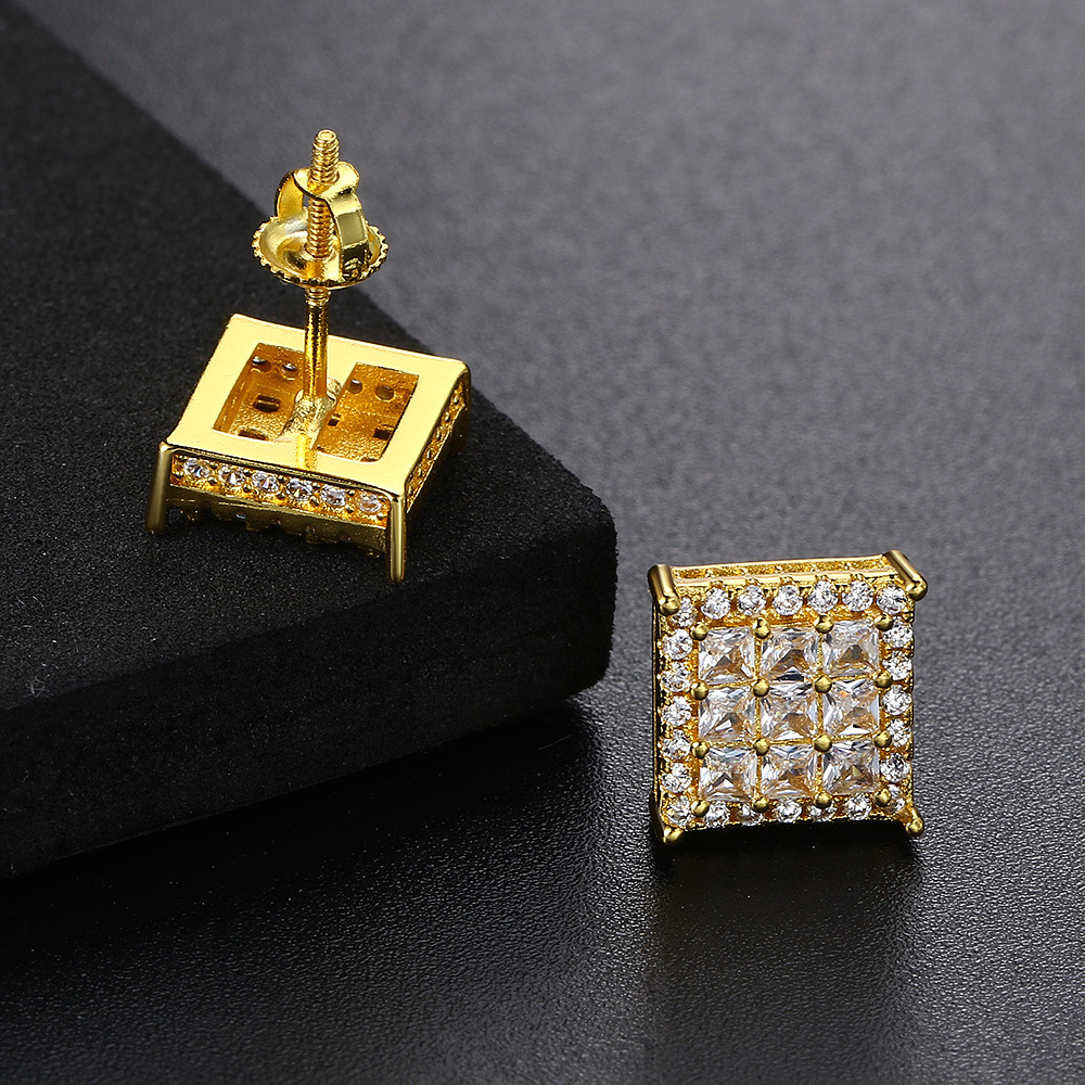 Square Full Diamond Thread Earrings For Men Trendy Studs_voghion.com